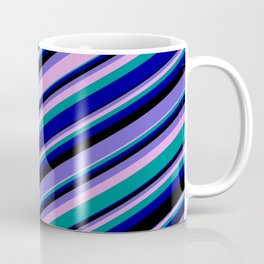 [ Thumbnail: Vibrant Slate Blue, Plum, Dark Cyan, Dark Blue & Black Colored Lines/Stripes Pattern Coffee Mug ]