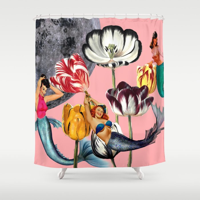 Mermaid Floral with moon Shower Curtain