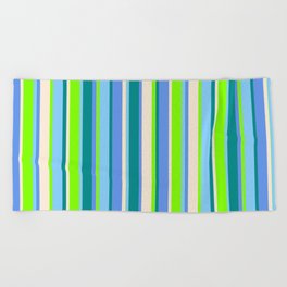 [ Thumbnail: Eye-catching Chartreuse, Light Sky Blue, Dark Cyan, Cornflower Blue, and Beige Colored Lines Pattern Beach Towel ]
