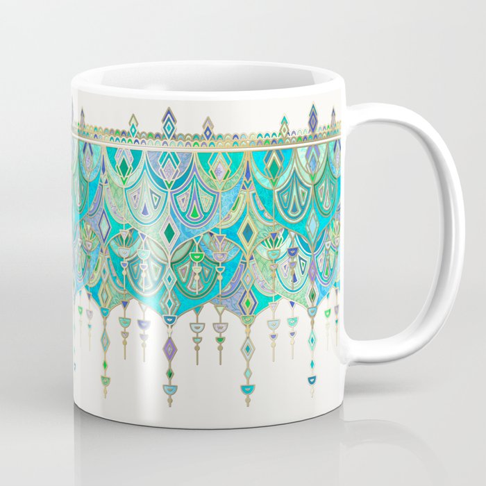 Art Deco Double Drop in Jade and Aquamarine on Cream Coffee Mug