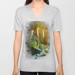 Candle lit still life. Digital watercolor painting V Neck T Shirt