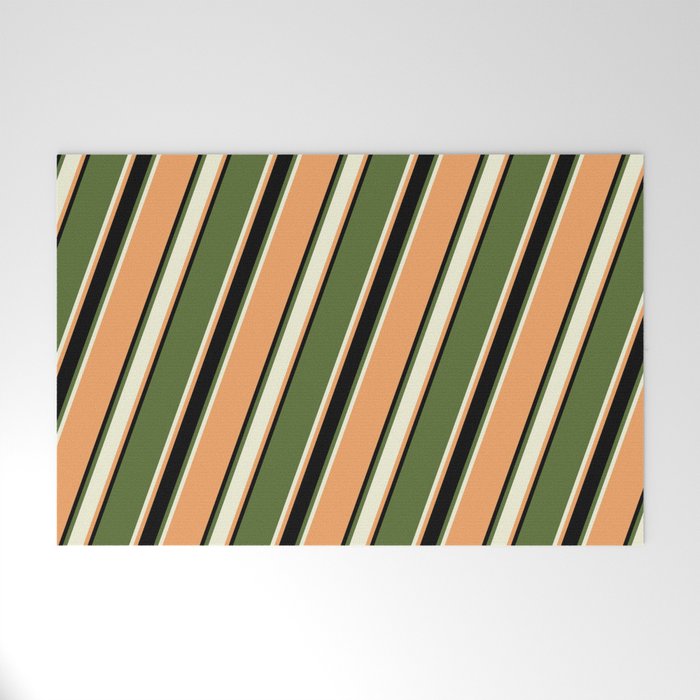 Dark Olive Green, Beige, Brown & Black Colored Pattern of Stripes Welcome Mat