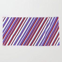 [ Thumbnail: Light Cyan, Slate Blue, and Brown Colored Lined/Striped Pattern Beach Towel ]