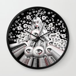 Planetary Echoes Wall Clock | Girl, Ethereal, Drawing, Digital, Universe, Surreal, Ghost, Cosmic, Stars, Red 