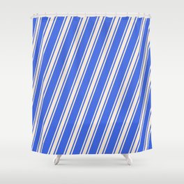 [ Thumbnail: Royal Blue & Beige Colored Striped Pattern Shower Curtain ]