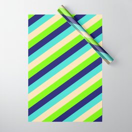 [ Thumbnail: Turquoise, Beige, Green & Midnight Blue Colored Striped/Lined Pattern Wrapping Paper ]