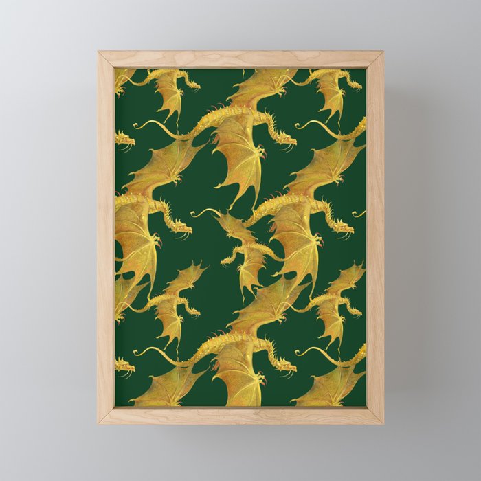 golden dragons on a green background Framed Mini Art Print