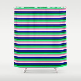 [ Thumbnail: Dark Green, Green, Hot Pink, Beige, and Blue Colored Pattern of Stripes Shower Curtain ]