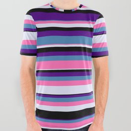 [ Thumbnail: Eyecatching Indigo, Blue, Hot Pink, Lavender, and Black Colored Lines Pattern All Over Graphic Tee ]