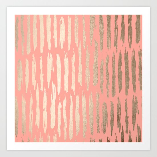 Vertical Dash Tahitian Gold on Coral Pink Stripes Art Print