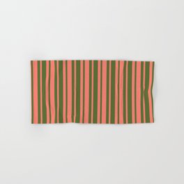 [ Thumbnail: Dark Olive Green and Salmon Colored Lined/Striped Pattern Hand & Bath Towel ]