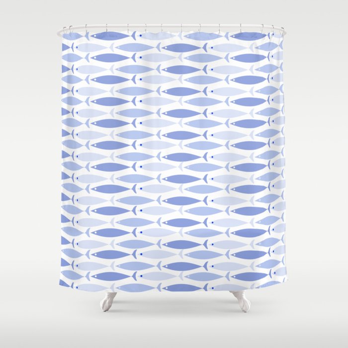Fish Stripes - Mid Century Modern Pattern in Light Blue and White Shower Curtain