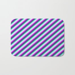 [ Thumbnail: Dark Slate Gray, Turquoise, Light Cyan, Violet, and Dark Violet Colored Lines/Stripes Pattern Bath Mat ]