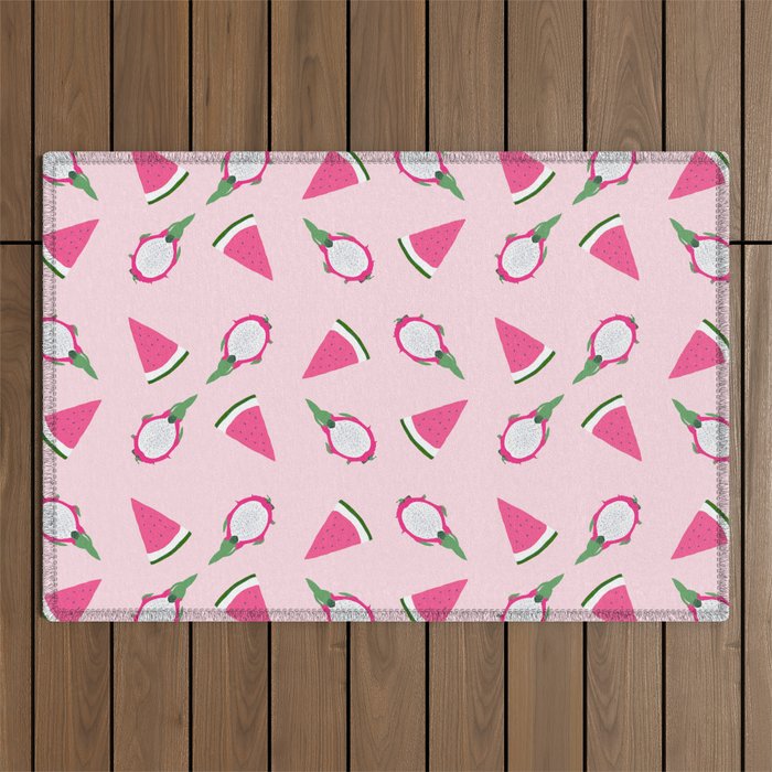 Summer Pink Watermelon and Dragon Fruits Pattern Outdoor Rug