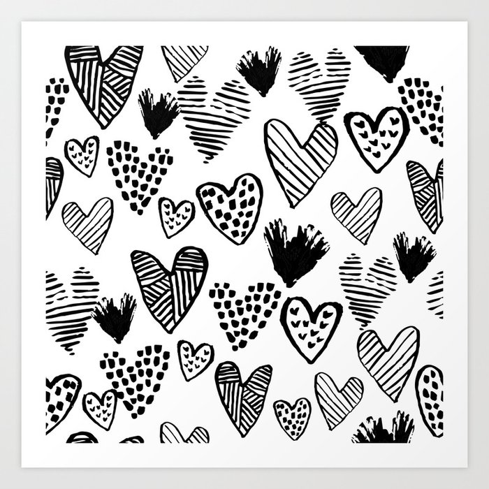 Hearts Black And White Hand Drawn Minimal Love Valentines Day