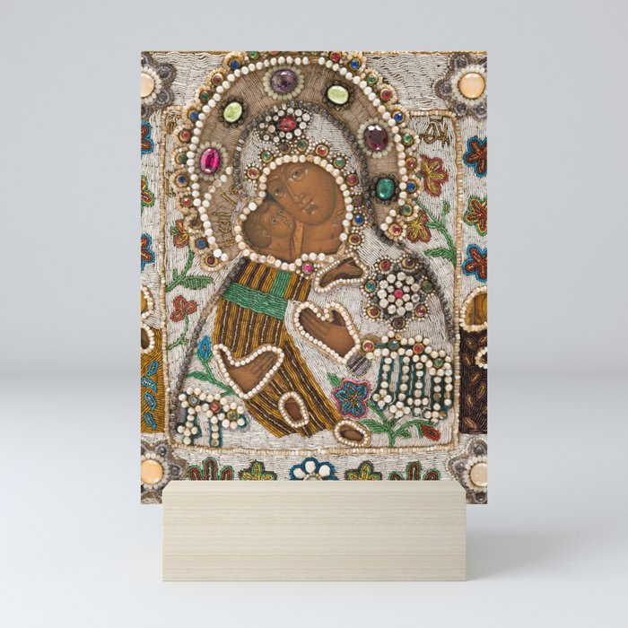 Vintage Beaded Byzantine Icon: Our Lady of Włodzimierz Mini Art Print