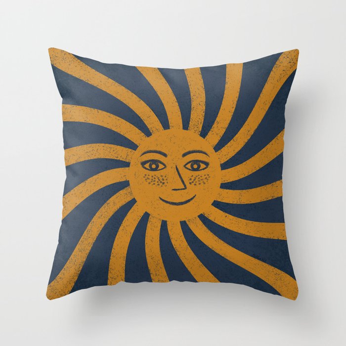 Retro Happy Sun Face Vintage Sunshine Navy Blue Golden Ochre Throw Pillow
