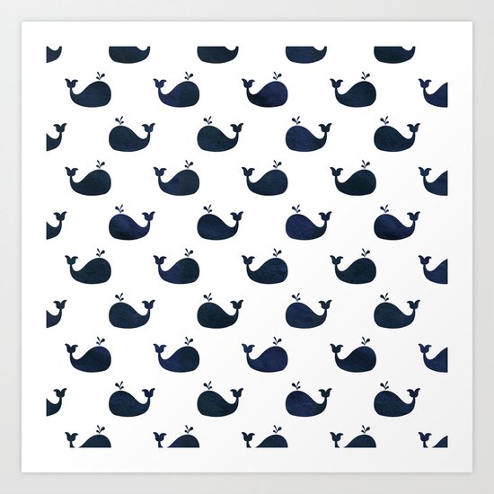 Navy blue and white maritime sea whale pattern Art Print