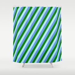 [ Thumbnail: Turquoise, Cornflower Blue, and Green Colored Lines/Stripes Pattern Shower Curtain ]