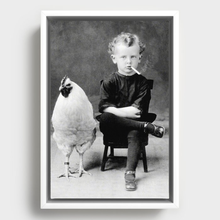 Smoking Boy with Chicken black and white photograph - photography - photographs Framed Canvas