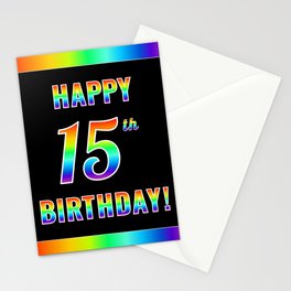 [ Thumbnail: Fun, Colorful, Rainbow Spectrum “HAPPY 15th BIRTHDAY!” Stationery Cards ]