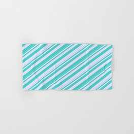 [ Thumbnail: Turquoise & Lavender Colored Lined/Striped Pattern Hand & Bath Towel ]