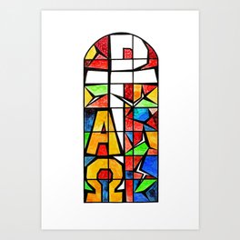 Qubism, Alpha, Omega, stained glass, abstract, square, revelation, bible, Jesus, Christ Art Print
