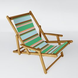 [ Thumbnail: Sea Green, Light Salmon, Powder Blue, and Brown Colored Striped/Lined Pattern Sling Chair ]