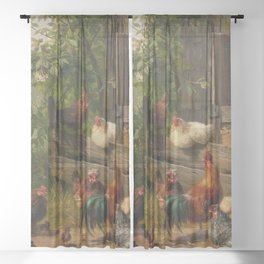 Chickens & Roosters on Farmland Art Sheer Curtain