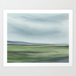 Windswept Valley II - Light Blue Wispy Clouds Navy River Green Valley Horizon Watercolor Nature Painting Art Print Wall Décor Art Print