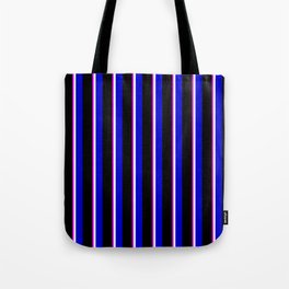 [ Thumbnail: Fuchsia, White, Blue, and Black Colored Lines Pattern Tote Bag ]