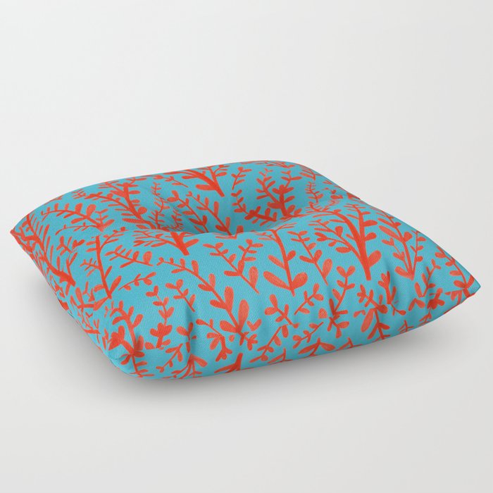 Turquoise and Red Leaves Pattern Floor Pillow
