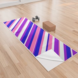 [ Thumbnail: Dark Violet, Mint Cream, Hot Pink, and Blue Colored Stripes/Lines Pattern Yoga Towel ]