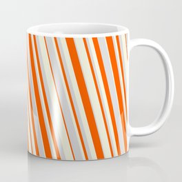 [ Thumbnail: Light Grey, Red, and Beige Colored Striped Pattern Coffee Mug ]