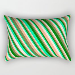 [ Thumbnail: Vibrant Green, Beige, Light Salmon, Dark Olive Green & Dark Green Colored Striped/Lined Pattern Rectangular Pillow ]