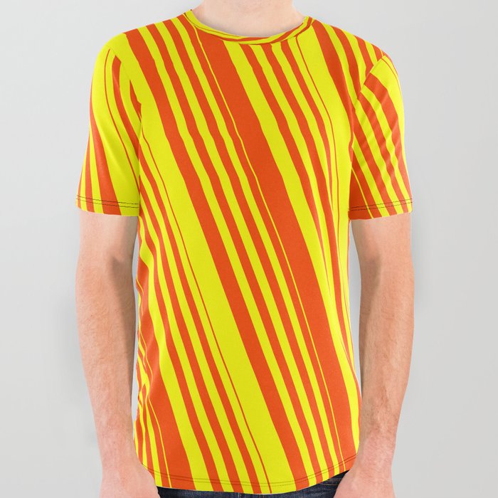 Red & Yellow Colored Lined Pattern All Over Graphic Tee