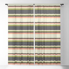[ Thumbnail: Coral, Light Yellow, Green, and Black Colored Lined/Striped Pattern Sheer Curtain ]