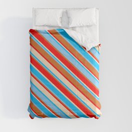 [ Thumbnail: Vibrant Deep Sky Blue, Light Sky Blue, Chocolate, Red & Bisque Colored Striped/Lined Pattern Comforter ]