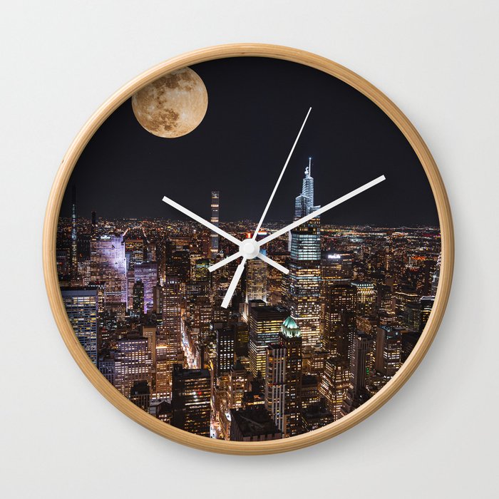 New York City Full Moon | NYC Skyline at Night | Photography and Collage Wall Clock