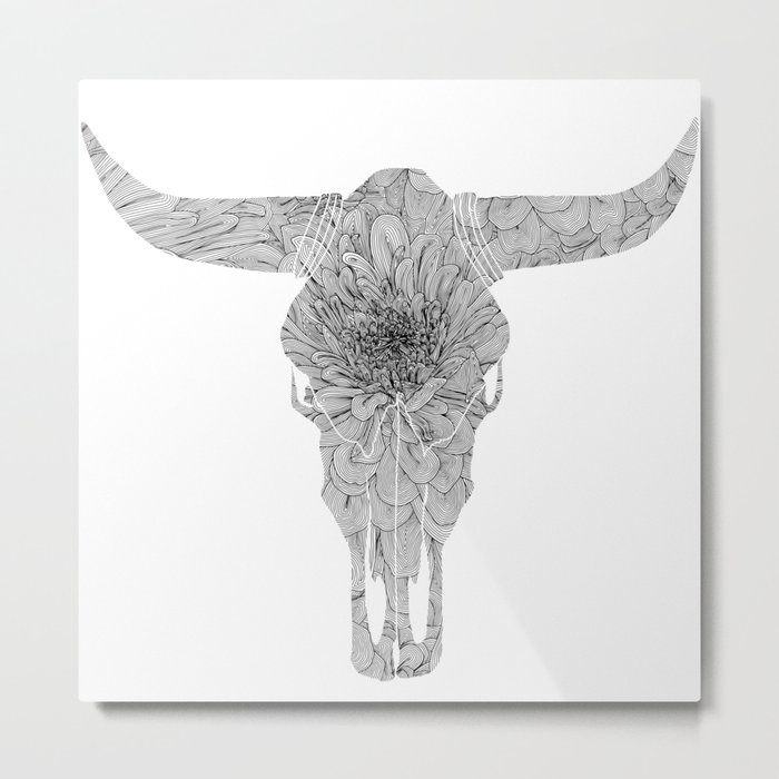 Zinnia Flower Cow Skull Metal Print