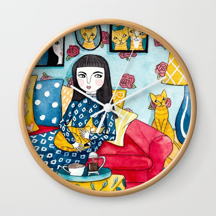 A Girl With Her Ginger Cats Wall Clock