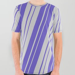 [ Thumbnail: Light Grey and Slate Blue Colored Striped Pattern All Over Graphic Tee ]