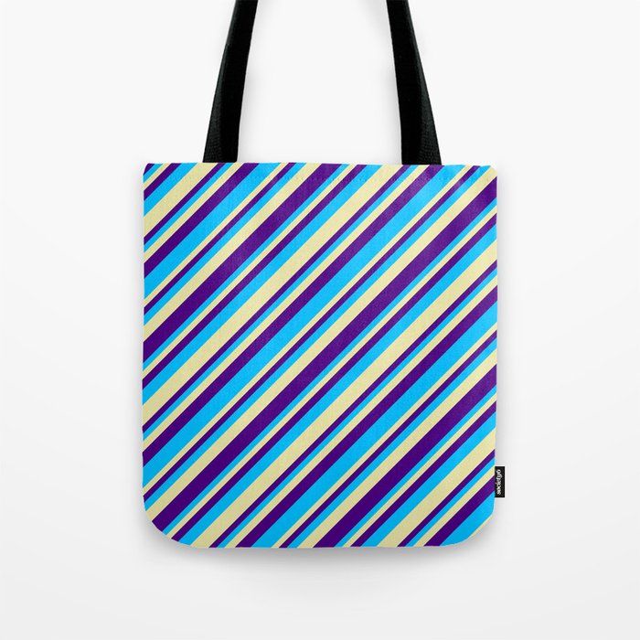 Pale Goldenrod, Indigo & Deep Sky Blue Colored Stripes/Lines Pattern Tote Bag