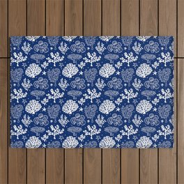 Blue And White Coral Silhouette Pattern Outdoor Rug