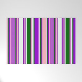 [ Thumbnail: Eyecatching Orchid, Light Pink, Dark Violet, Dark Green & Mint Cream Colored Lines/Stripes Pattern Welcome Mat ]
