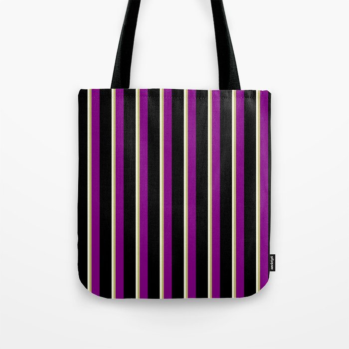 Beige, Dark Khaki, Purple & Black Colored Stripes Pattern Tote Bag