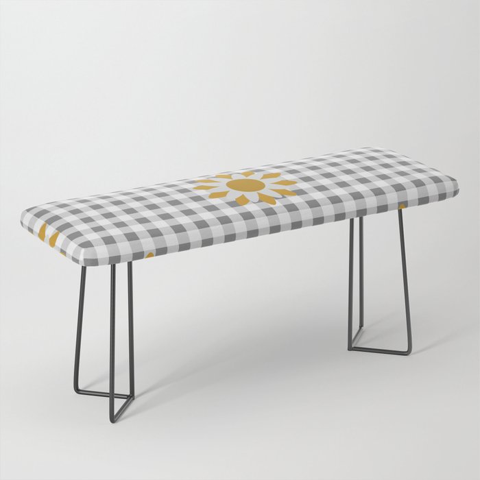 Gray Beige Colored Checker Board Effect Grid Illustration with Yellow Mustard Daisy Flowers Bench