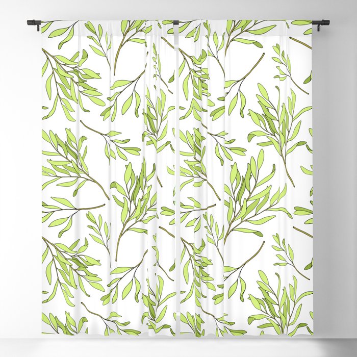 Tea tree leaves seamless pattern. Hand drawn vintage illustration of Melaleuca. Green medicinal plant isolated on white background.  Blackout Curtain