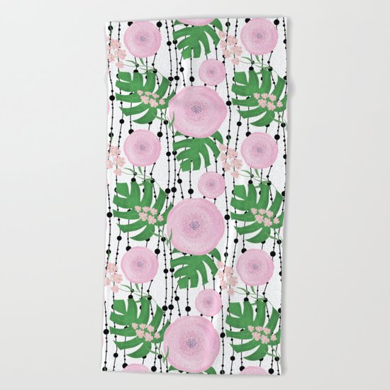 Pink flowers on a white background with black beads. Beach Towel