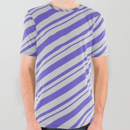 [ Thumbnail: Light Grey & Slate Blue Colored Lines Pattern All Over Graphic Tee ]